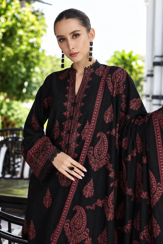 Embroidered Jet Black & Rust Dhanak 3-Piece Unstitched Suit