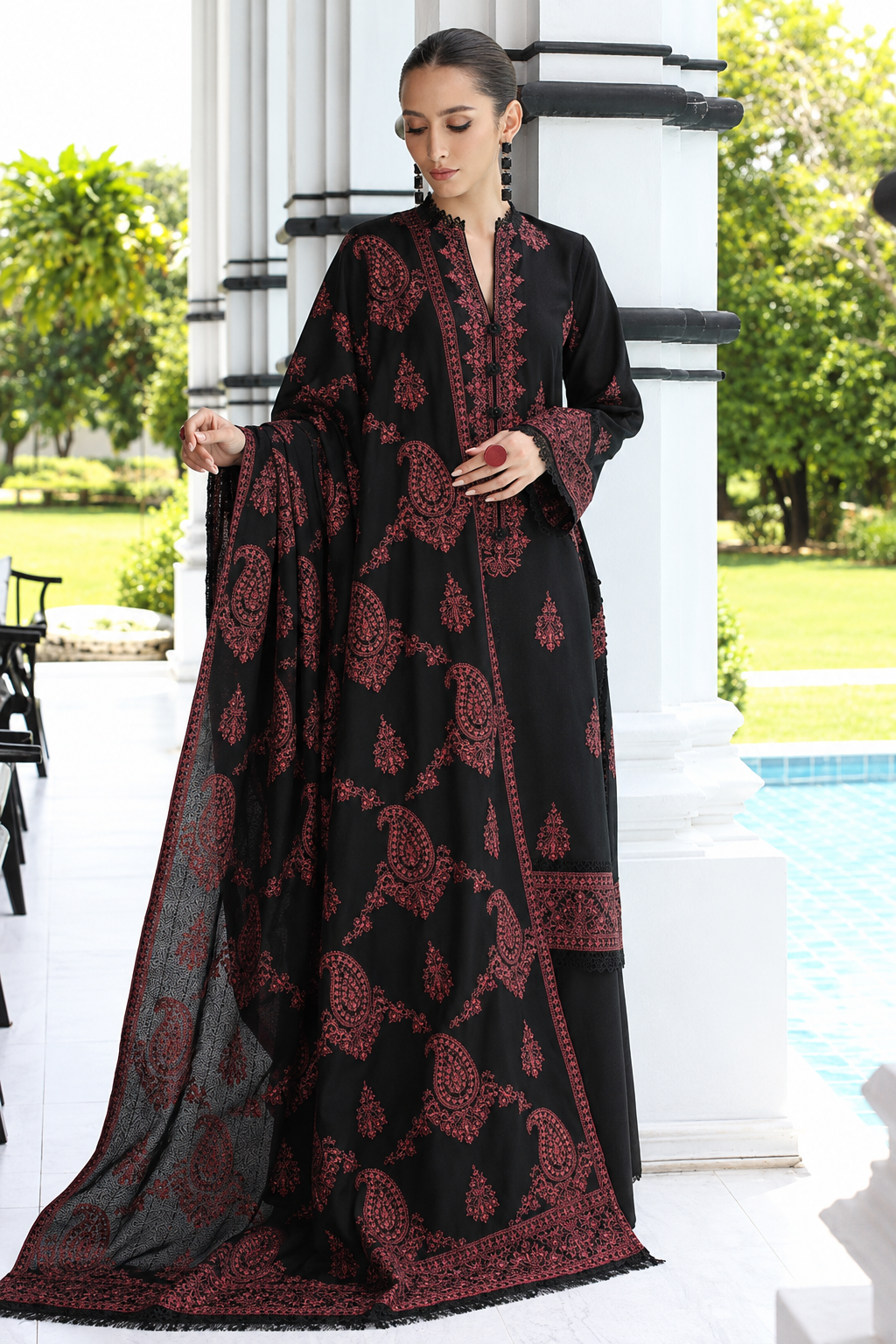 Embroidered Jet Black & Rust Dhanak 3-Piece Unstitched Suit