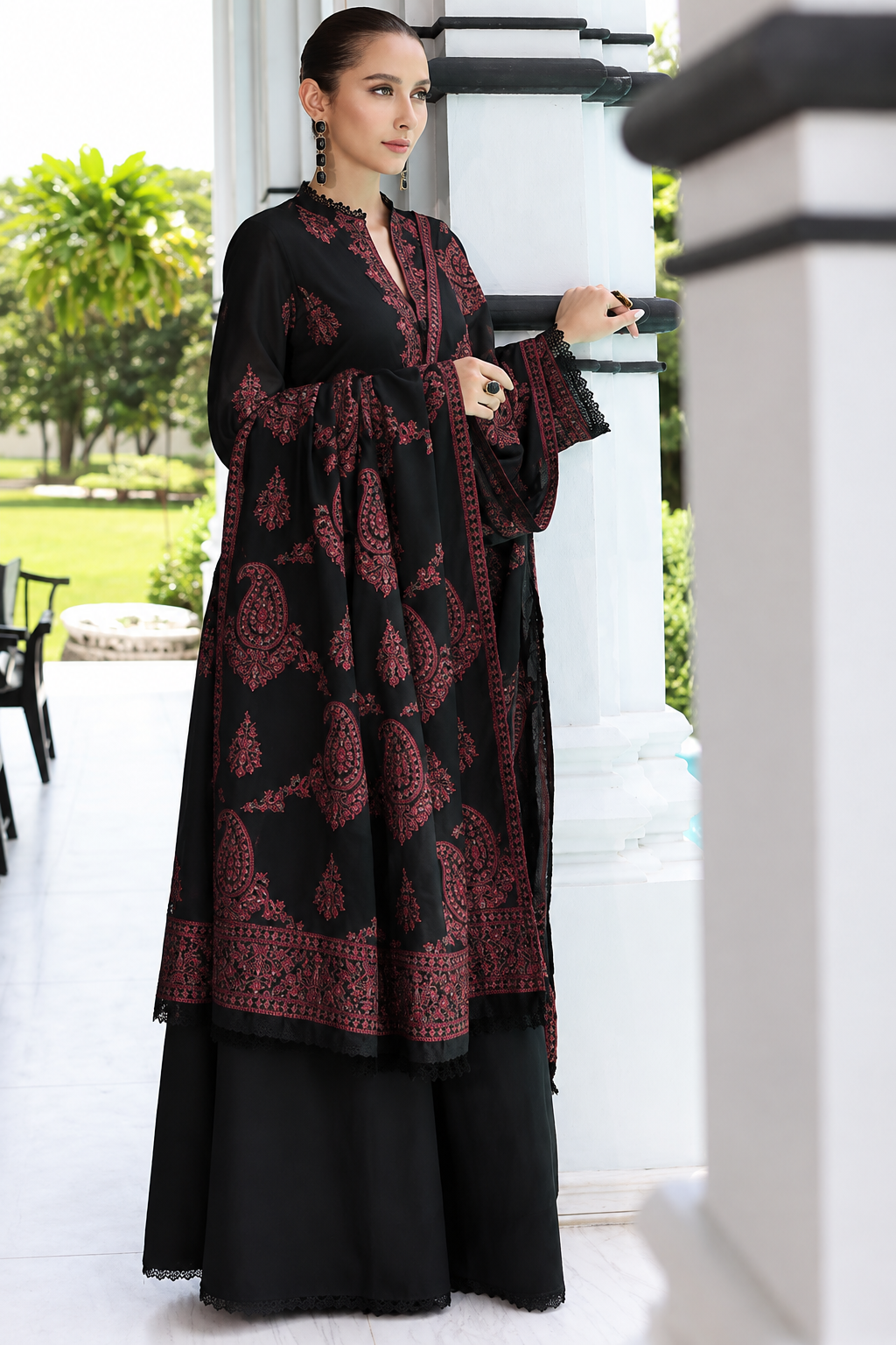 Embroidered Jet Black & Rust Dhanak 3-Piece Unstitched Suit