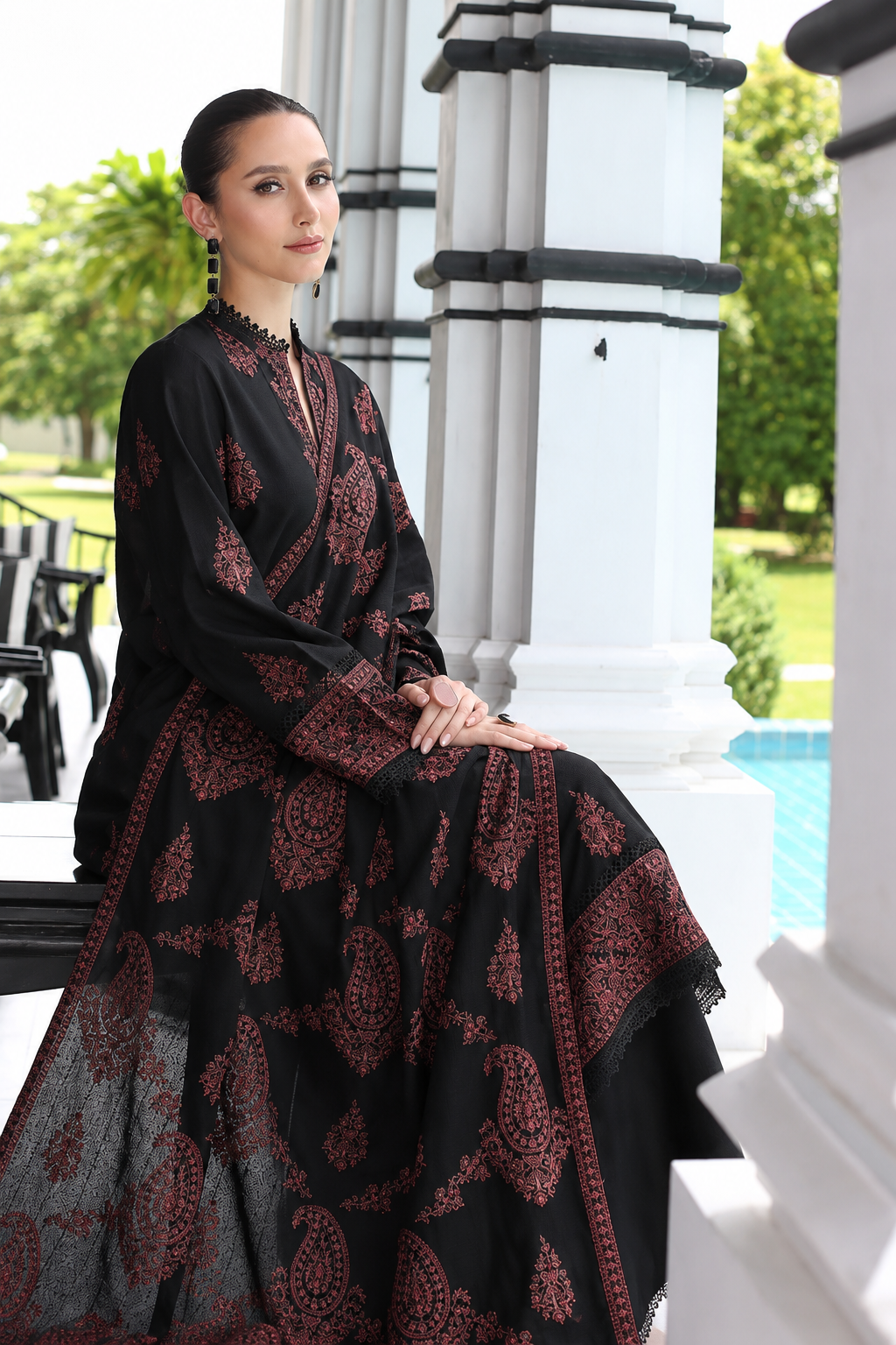 Embroidered Jet Black & Rust Dhanak 3-Piece Unstitched Suit