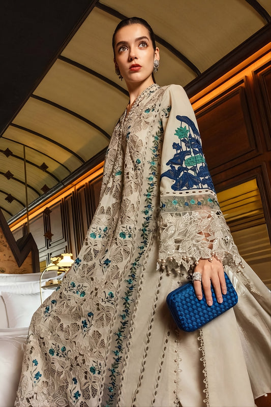 Heavy Embroidered Off-White & Royal Blue 3-Piece Dhanak Suit