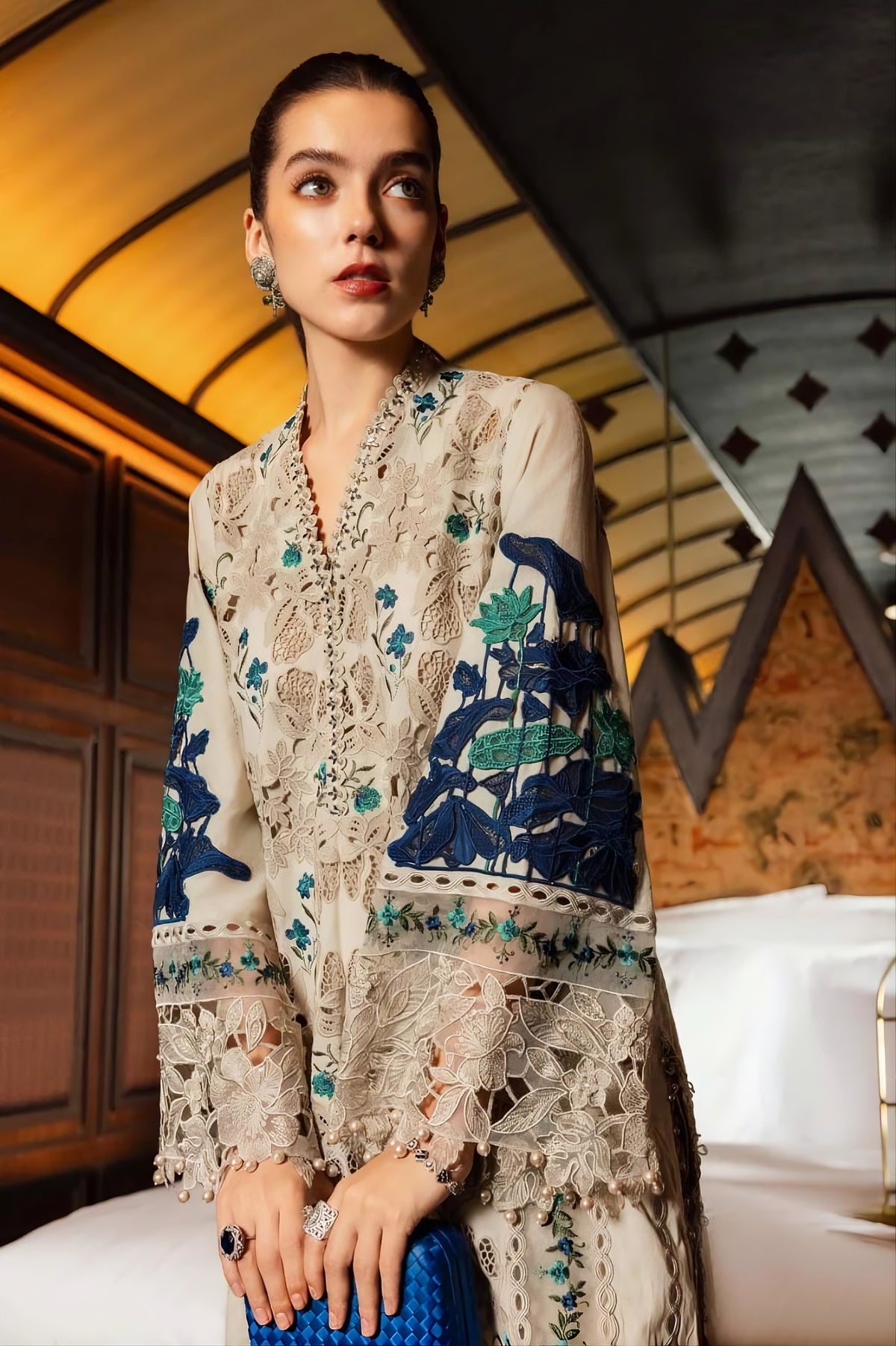 Heavy Embroidered Off-White & Royal Blue 3-Piece Dhanak Suit