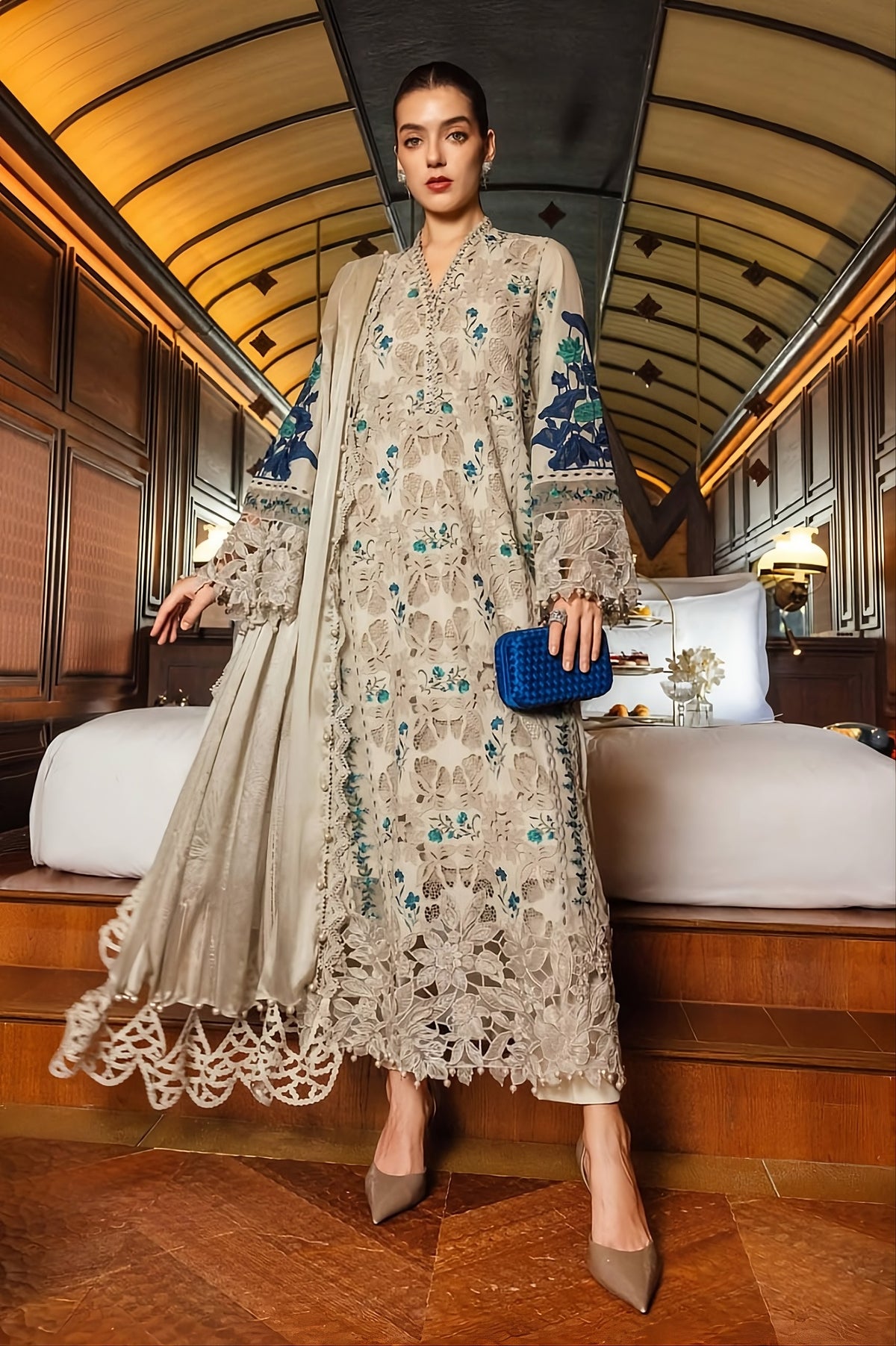 Heavy Embroidered Off-White & Royal Blue 3-Piece Dhanak Suit