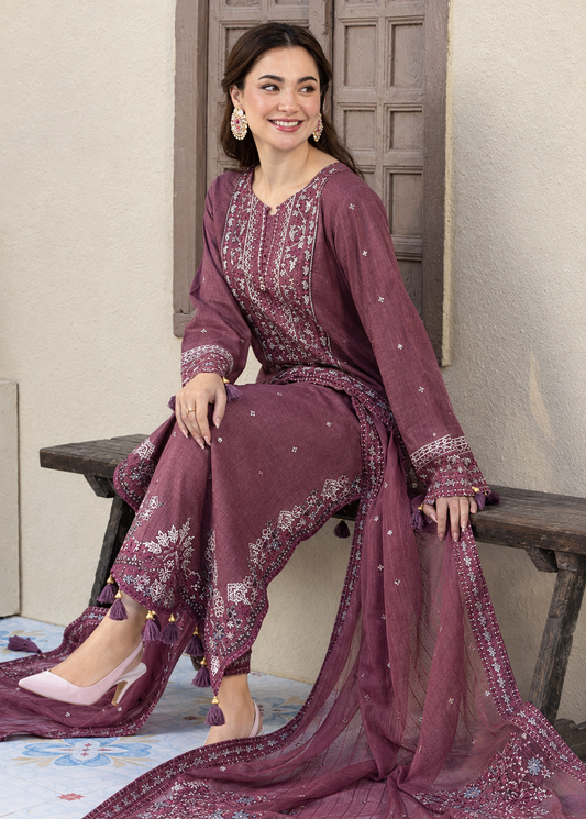 Deep Plum Dhanak 3-Piece Unstitched Suit