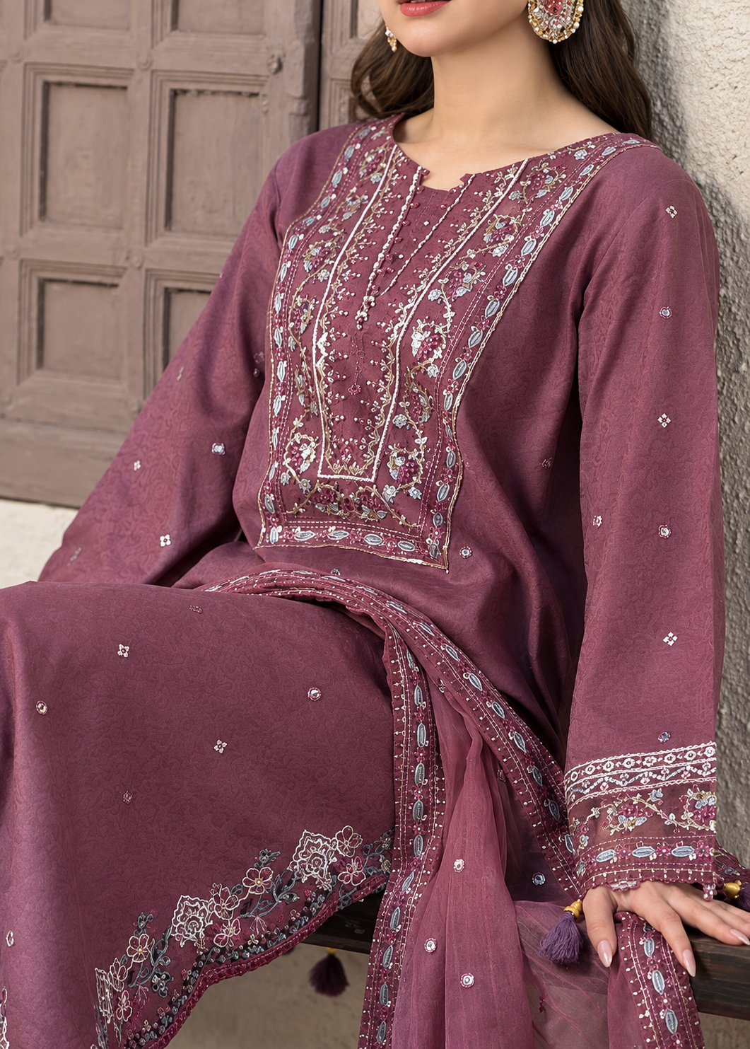 Deep Plum Dhanak 3-Piece Unstitched Suit