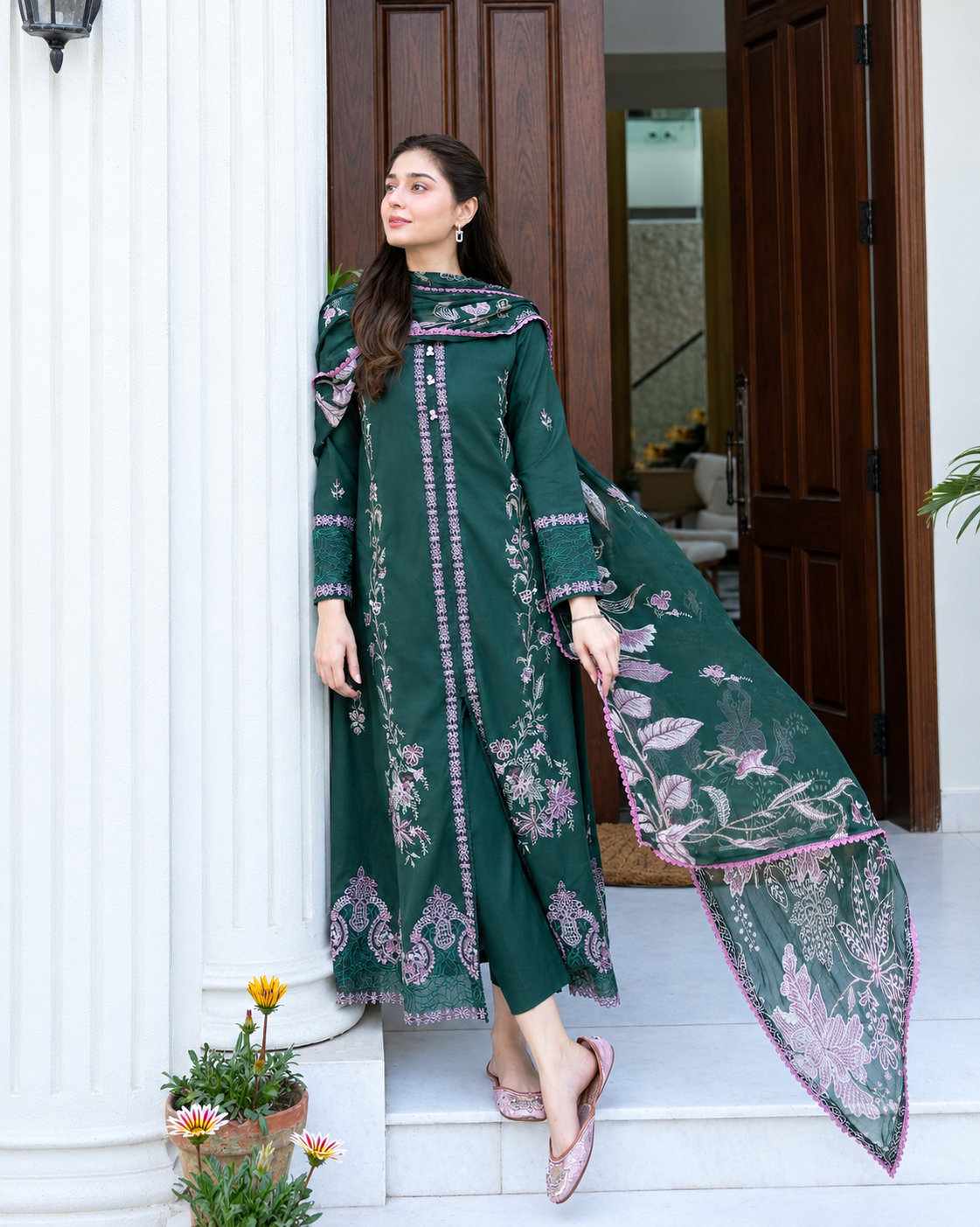 Dark Green Dhanak 3-Piece Unstitched Suit
