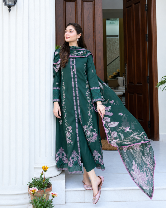 Dark Green Dhanak 3-Piece Unstitched Suit