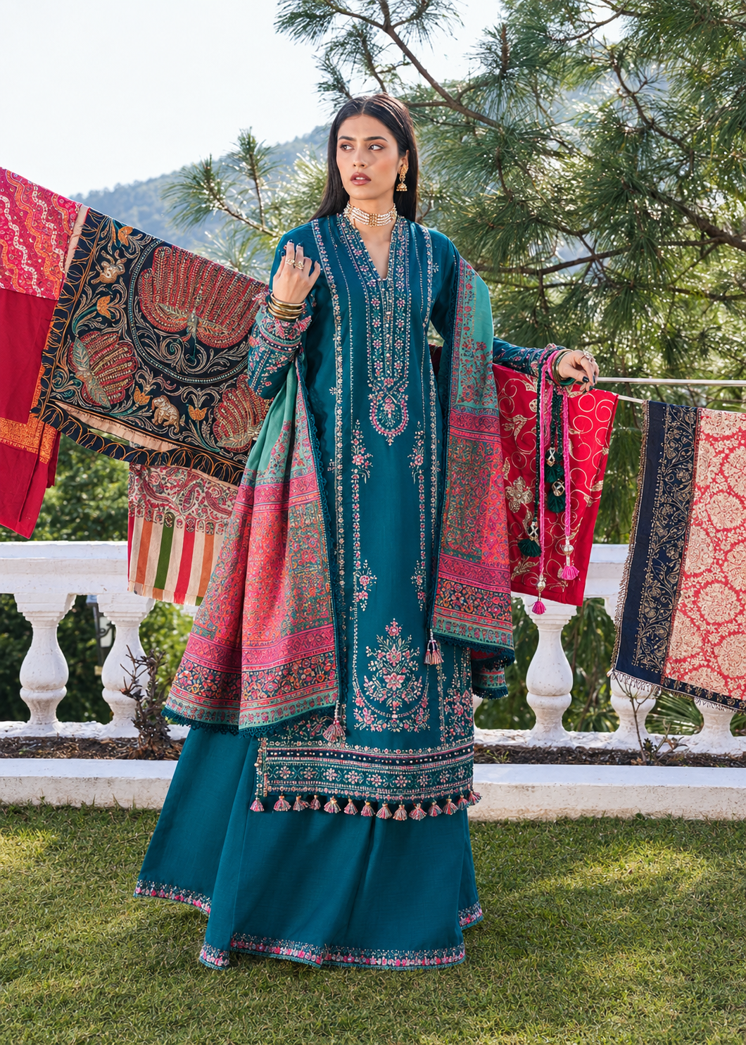 Deep Teal Blue Dhanak 3-Piece Unstitched Suit with Kashmiri Shawl