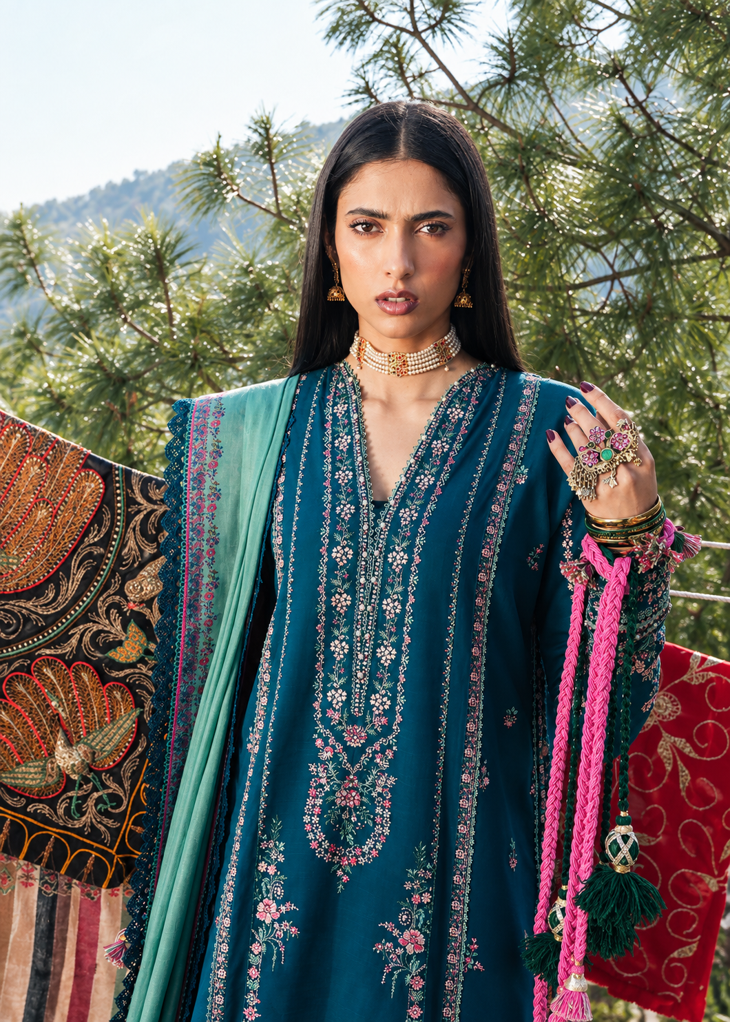 Deep Teal Blue Dhanak 3-Piece Unstitched Suit with Kashmiri Shawl