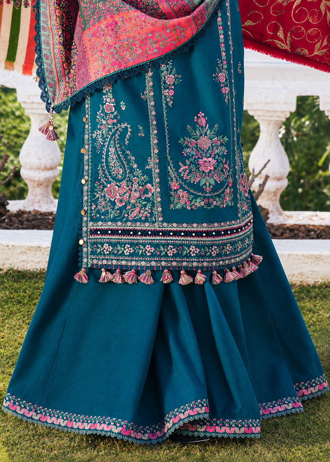 Deep Teal Blue Dhanak 3-Piece Unstitched Suit with Kashmiri Shawl