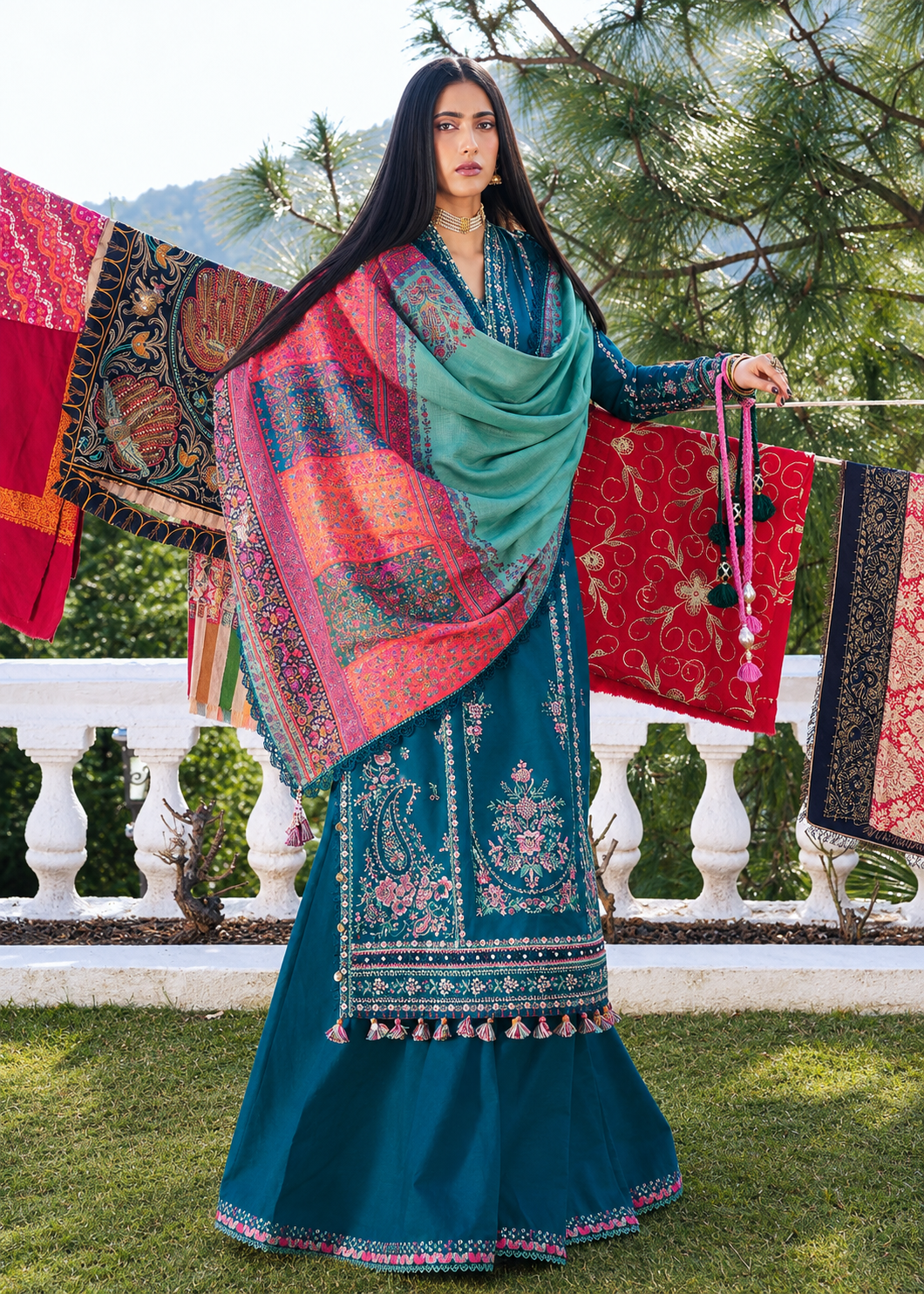 Deep Teal Blue Dhanak 3-Piece Unstitched Suit with Kashmiri Shawl