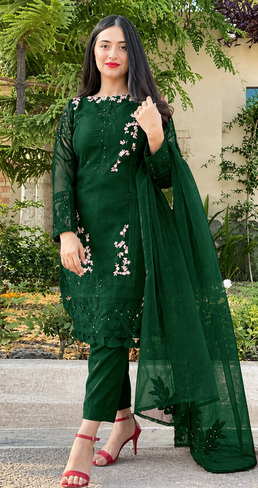 Embroidered Emerald Green Dhanak 3-Piece Unstitched Suit