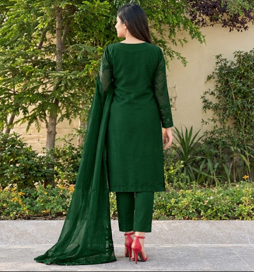 Embroidered Emerald Green Dhanak 3-Piece Unstitched Suit