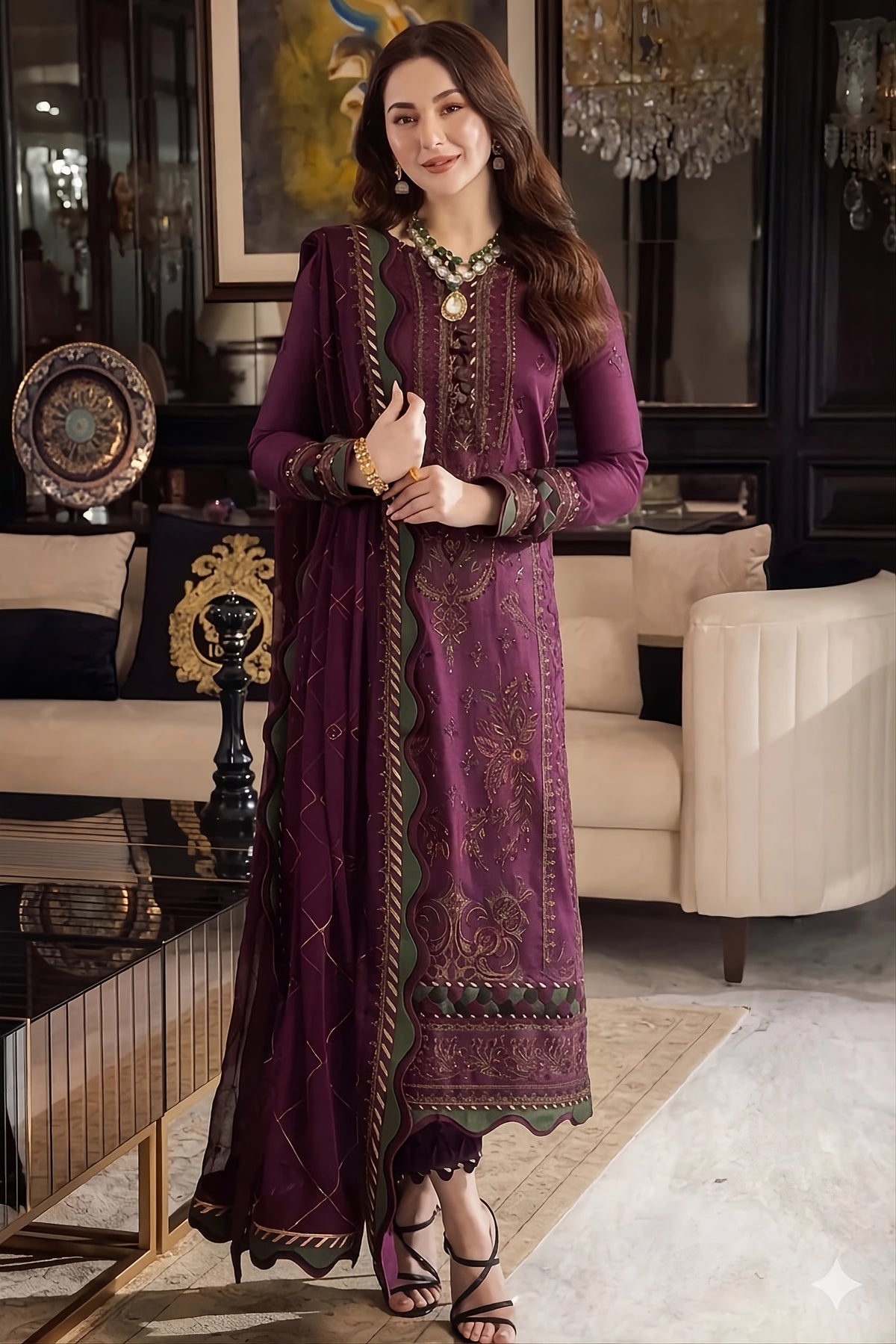 Deep Plum Dhanak 3-Piece Unstitched Suit