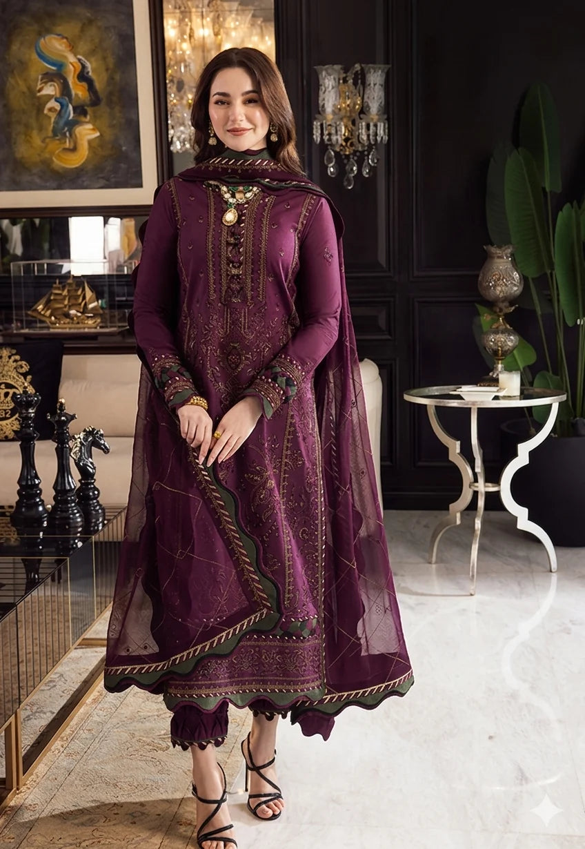 Deep Plum Dhanak 3-Piece Unstitched Suit