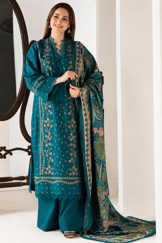 Deep Teal Dhanak 3-Piece Unstitched Suit