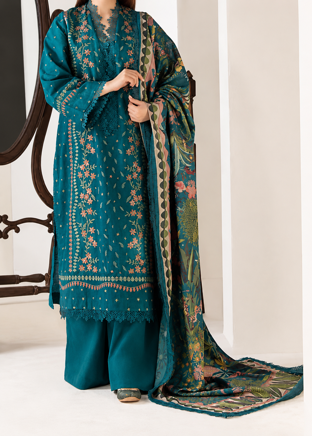 Deep Teal Dhanak 3-Piece Unstitched Suit
