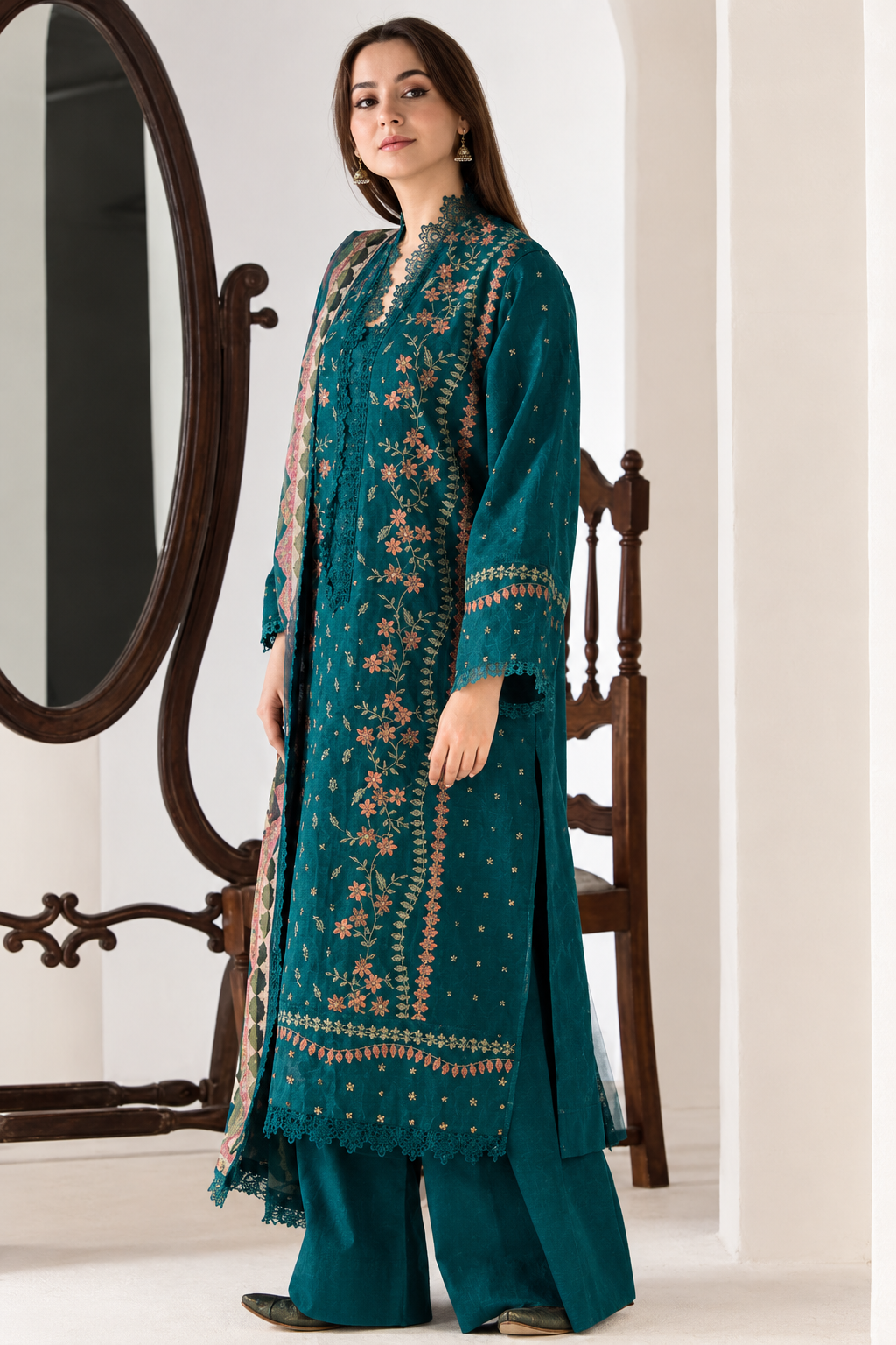 Deep Teal Dhanak 3-Piece Unstitched Suit