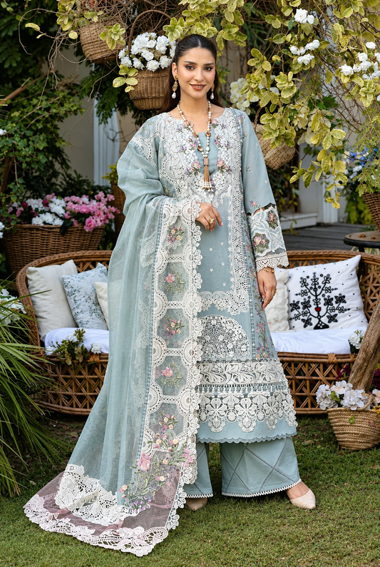 Heavy Embroidered Dust Blue 3-Piece Unstitched Suit