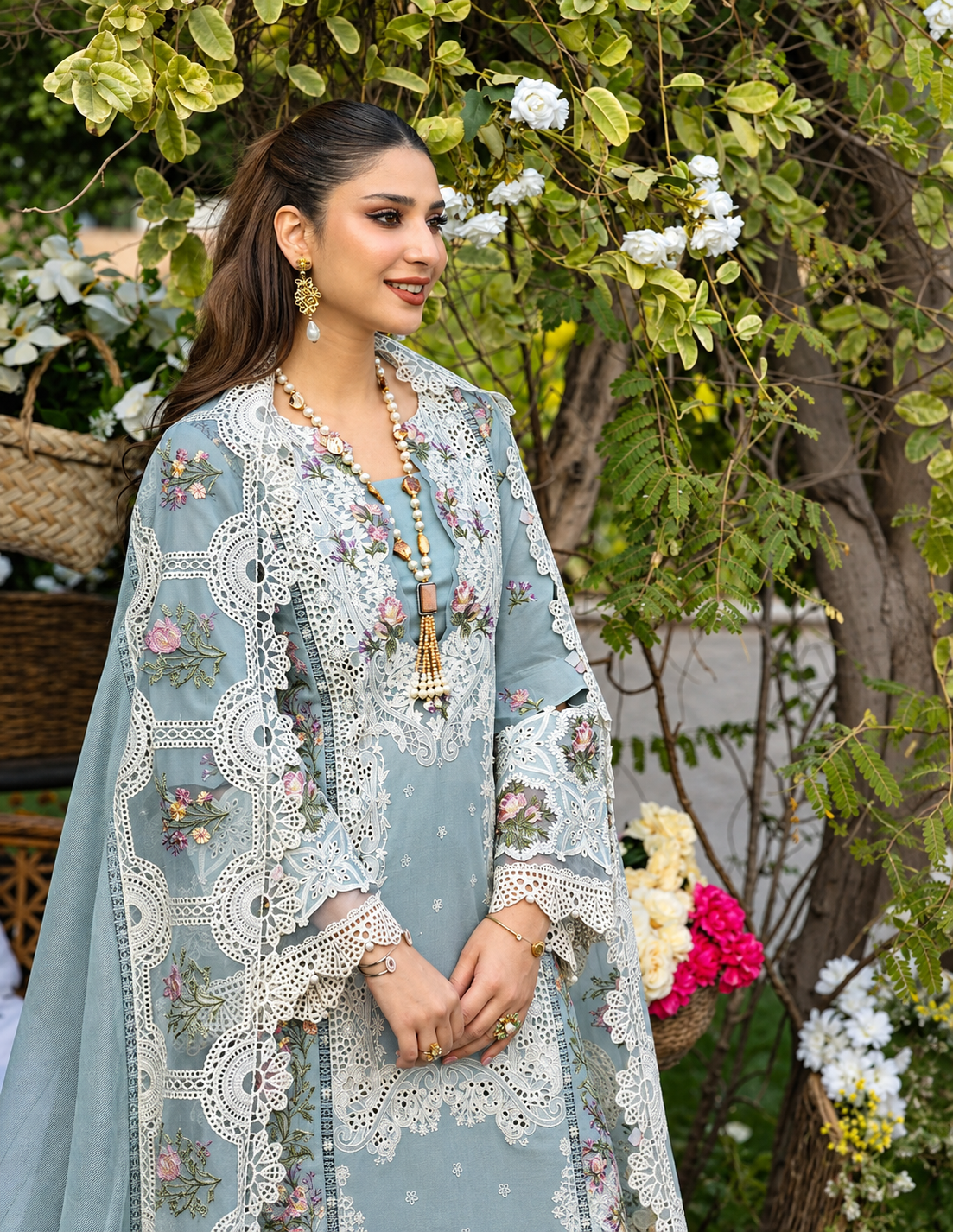 Heavy Embroidered Dust Blue 3-Piece Unstitched Suit