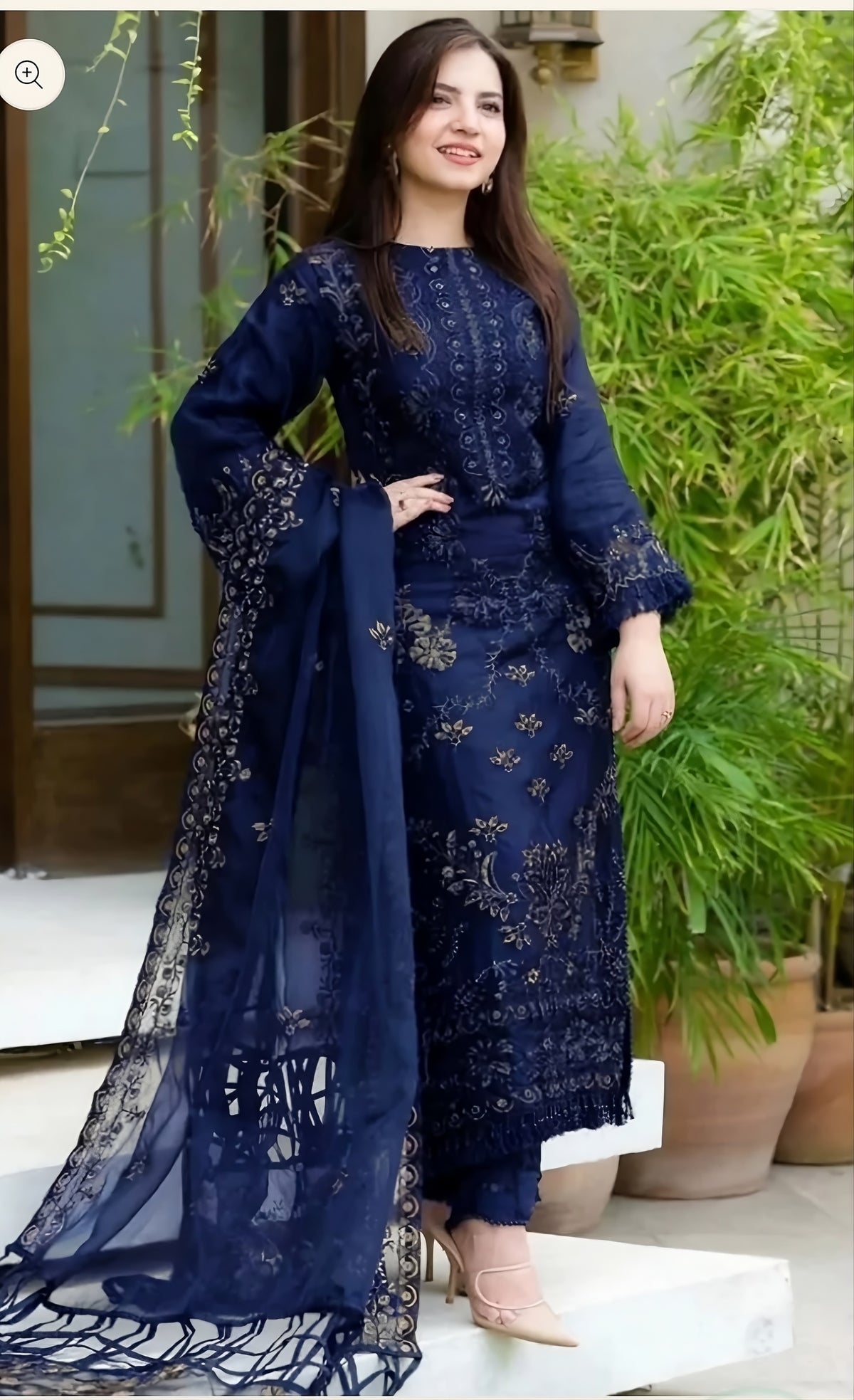 Embroidered Navy Blue 3-Piece Dhanak Suit