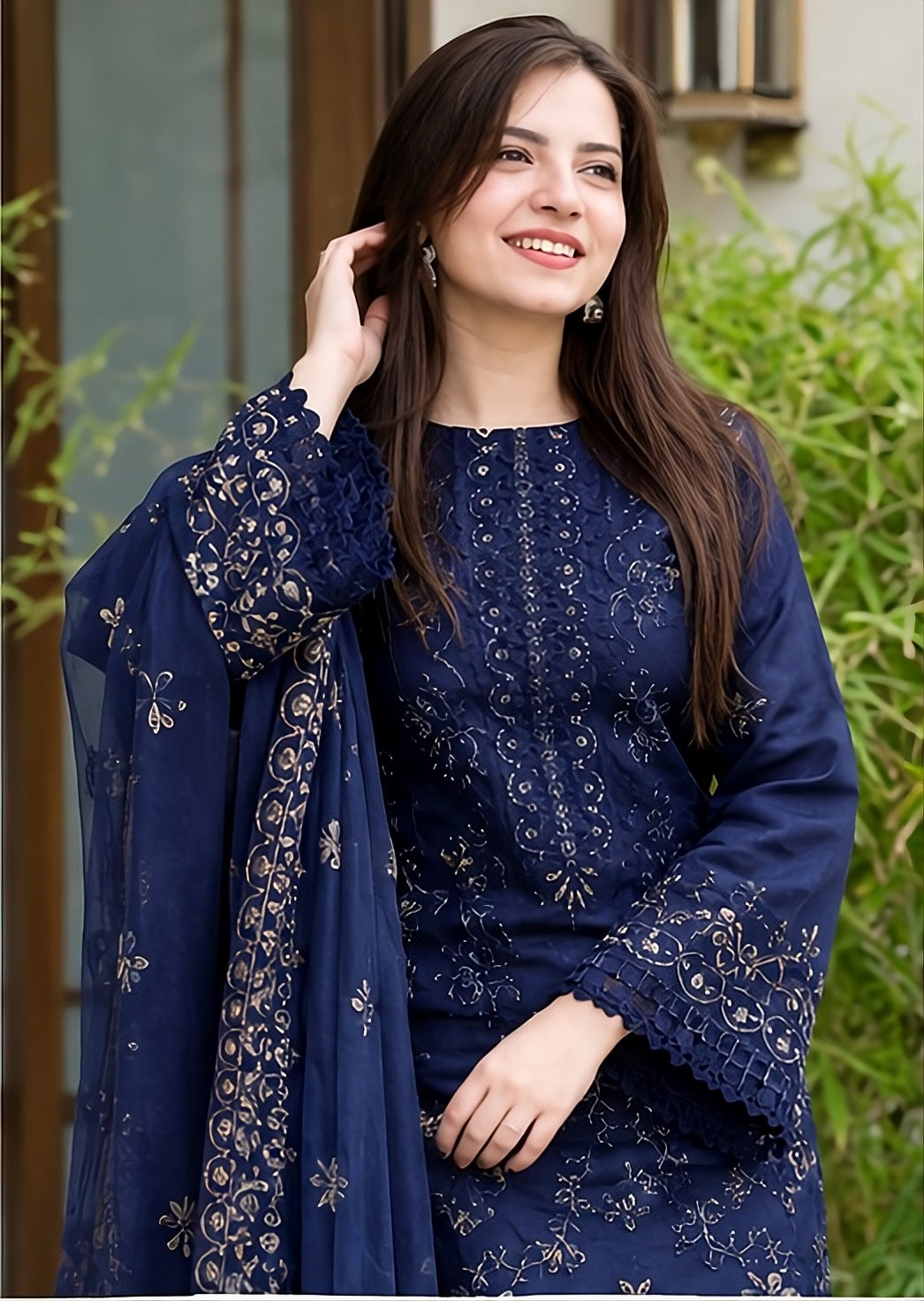 Embroidered Navy Blue 3-Piece Dhanak Suit