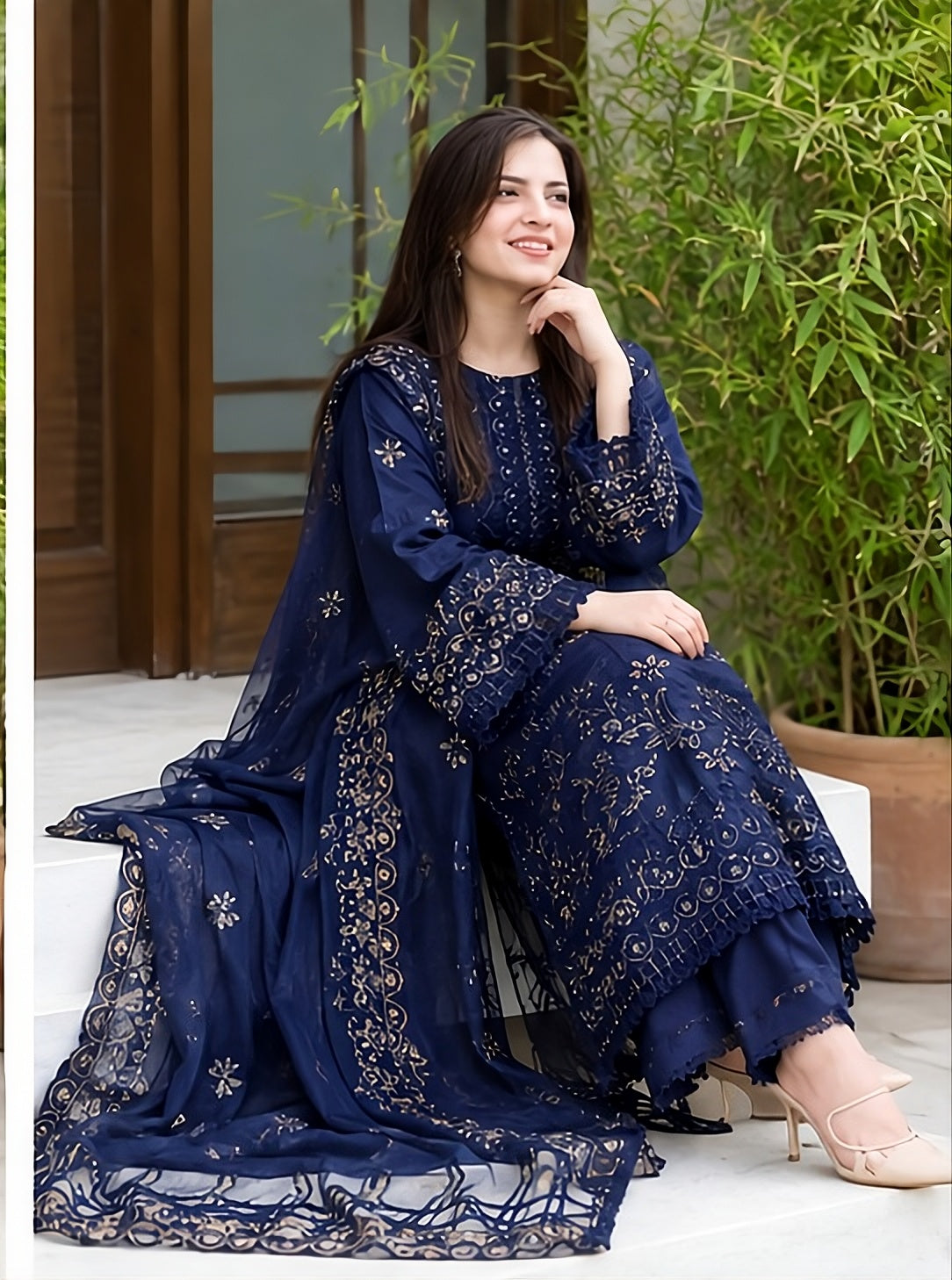 Embroidered Navy Blue 3-Piece Dhanak Suit