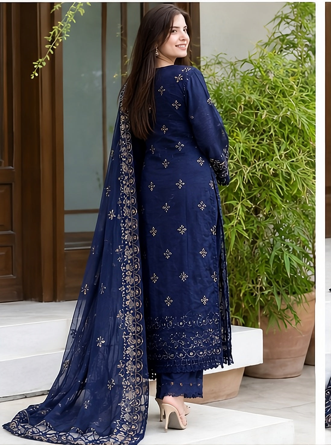 Embroidered Navy Blue 3-Piece Dhanak Suit