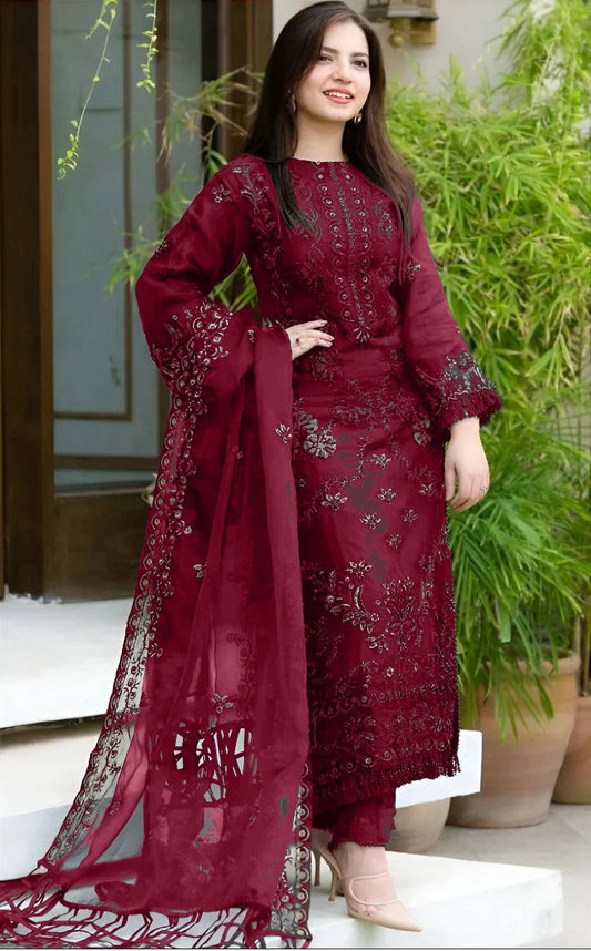 Embroidered Deep Maroon Dhanak 3-Piece Unstitched Suit