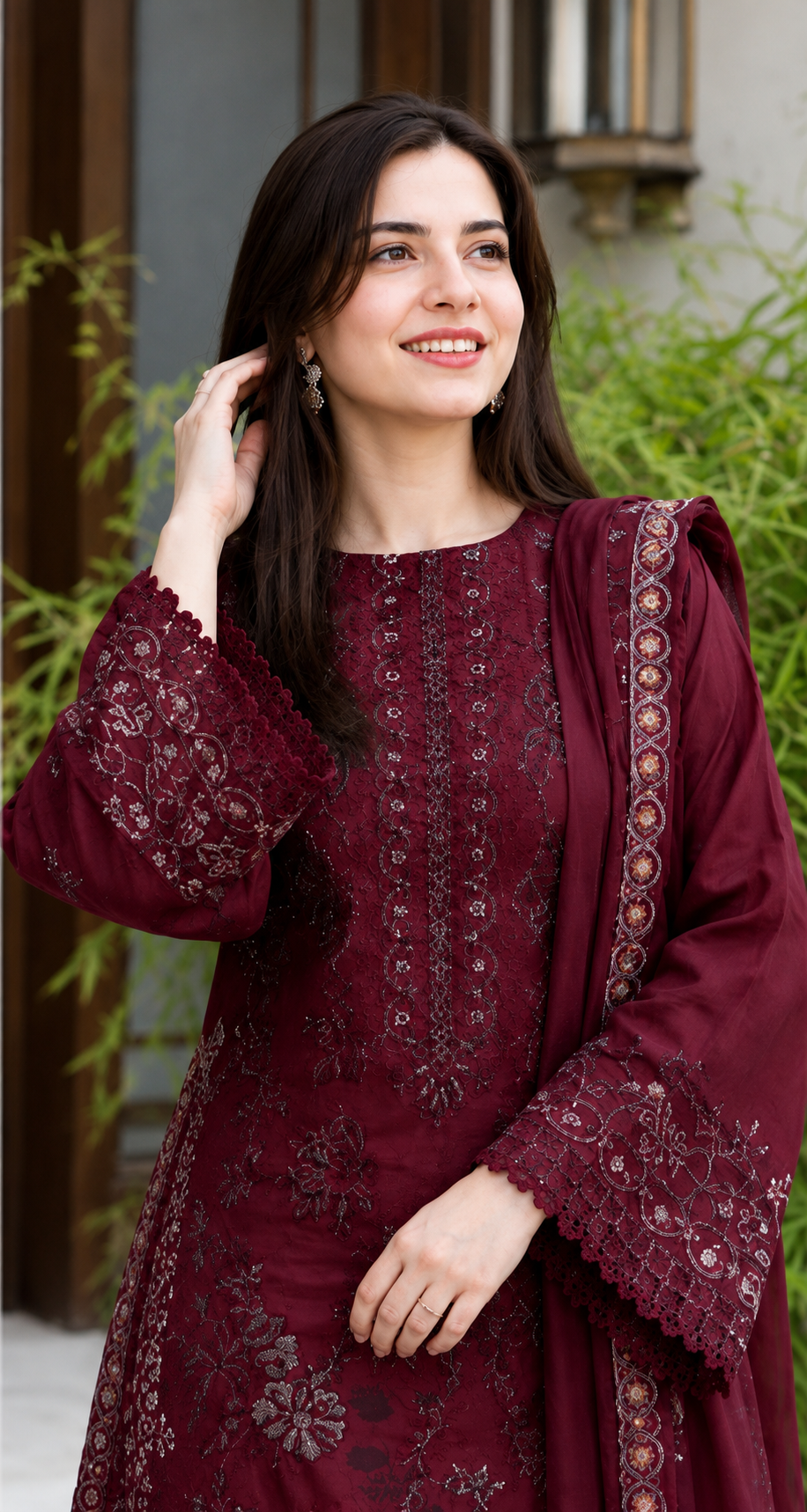 Embroidered Deep Maroon Dhanak 3-Piece Unstitched Suit