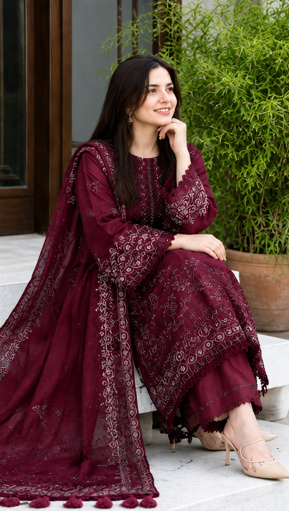 Embroidered Deep Maroon Dhanak 3-Piece Unstitched Suit