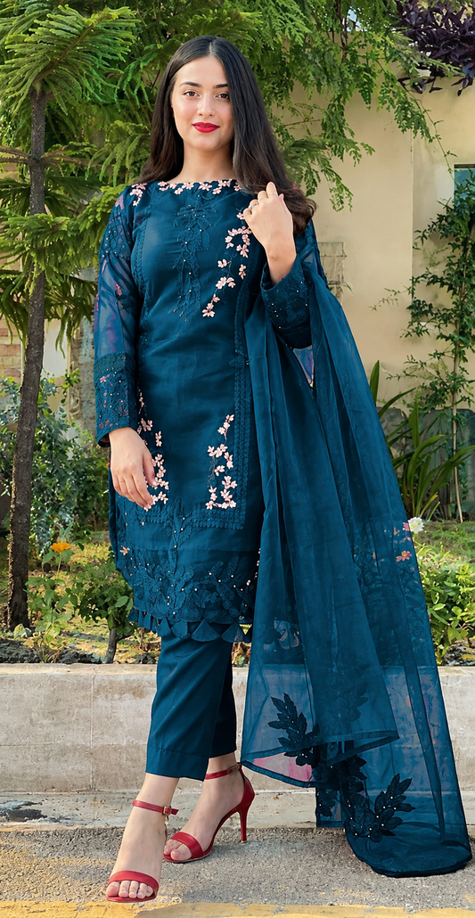 Teal Blue Dhanak 3-Piece Unstitched Suit
