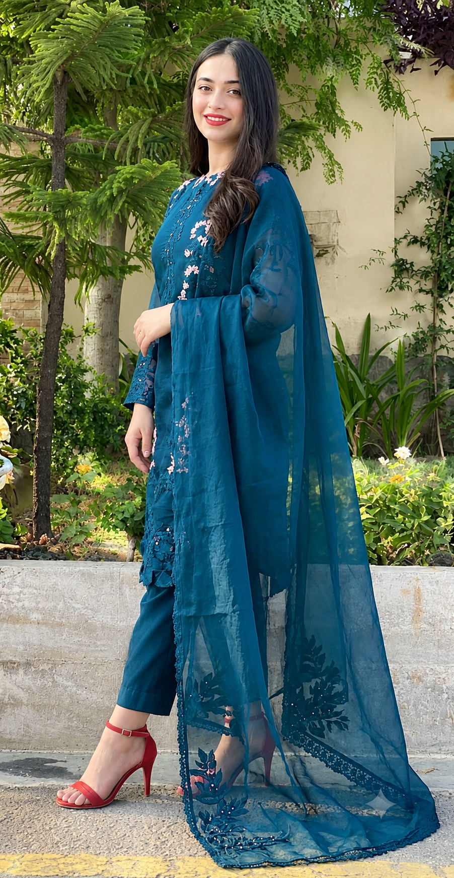 Teal Blue Dhanak 3-Piece Unstitched Suit