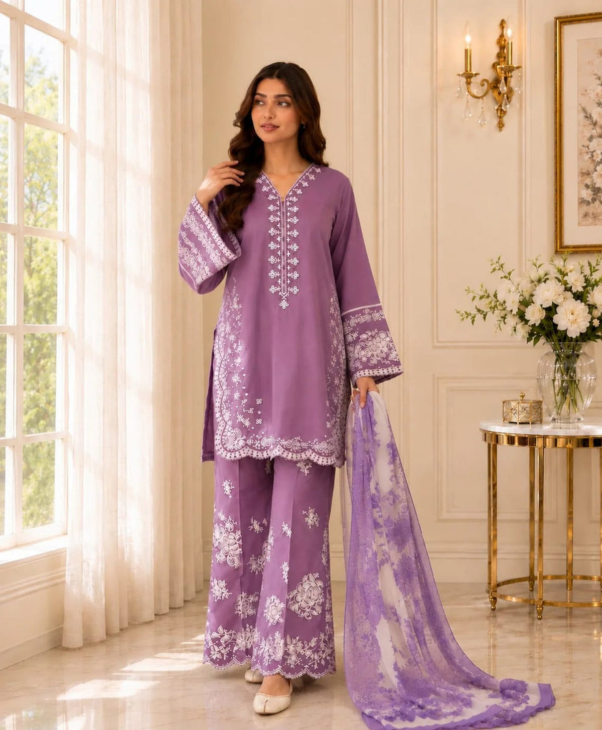 Embroidered Lilac Lavender Dhanak 3-Piece Unstitched Suit