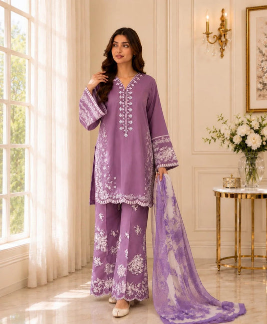 Embroidered Lilac Lavender Dhanak 3-Piece Unstitched Suit