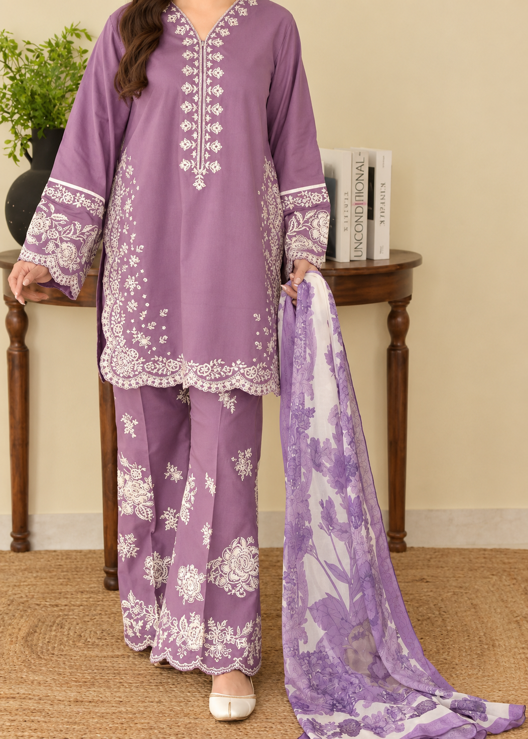 Embroidered Lilac Lavender Dhanak 3-Piece Unstitched Suit