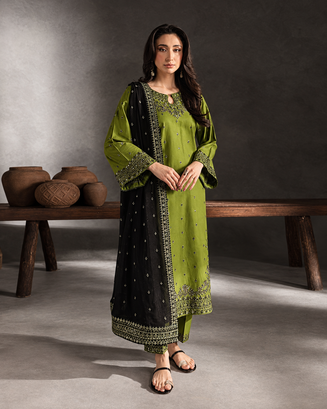 Olive Green Dhanak 3-Piece Unstitched Suit