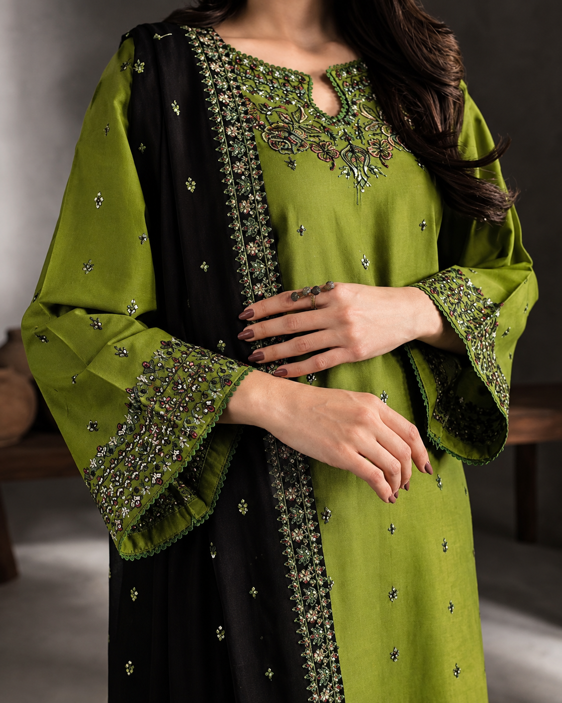 Olive Green Dhanak 3-Piece Unstitched Suit