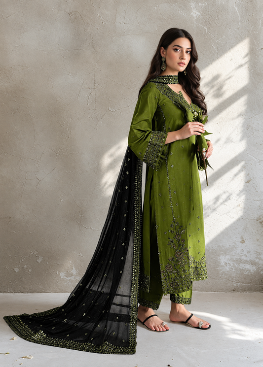 Olive Green Dhanak 3-Piece Unstitched Suit