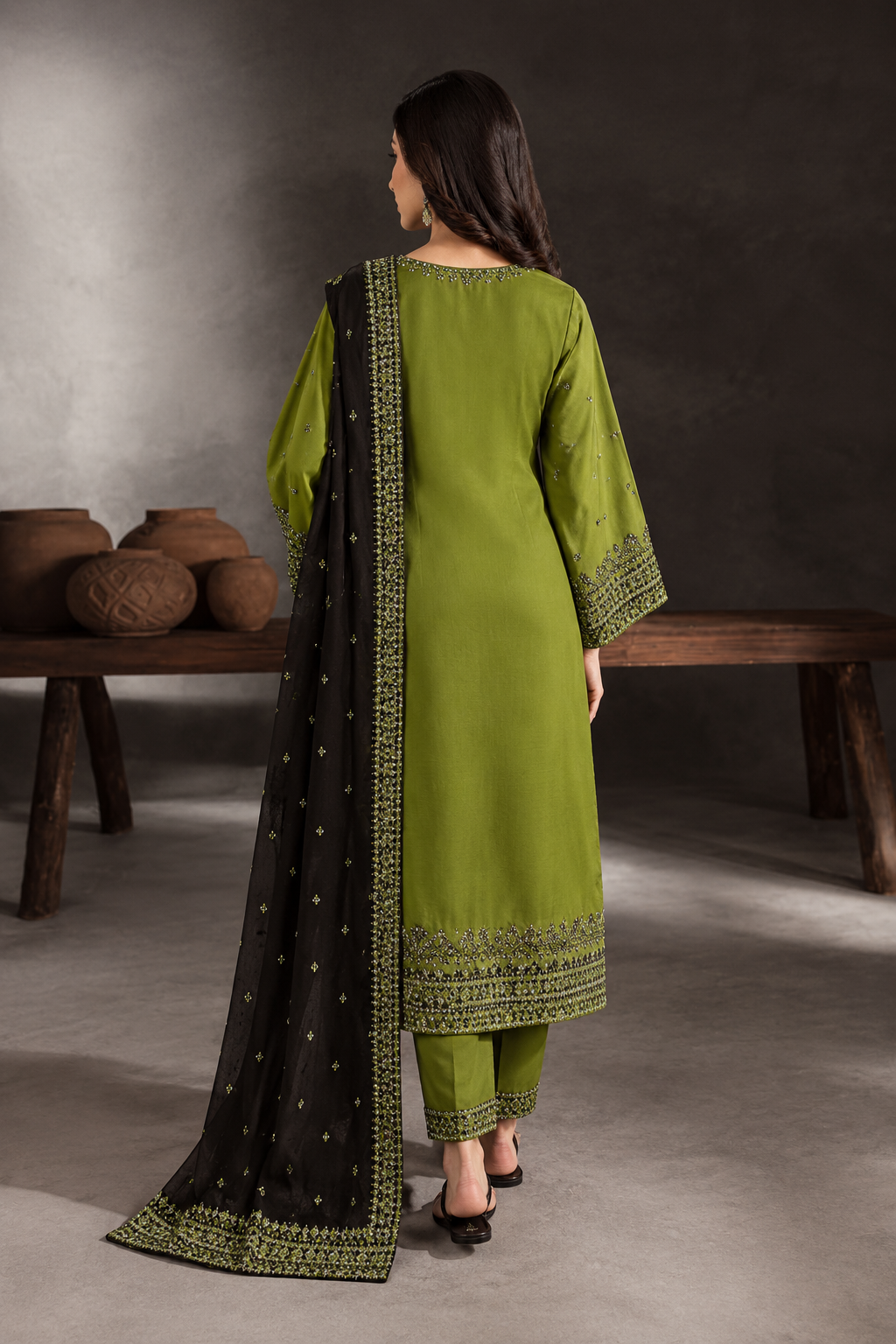 Olive Green Dhanak 3-Piece Unstitched Suit