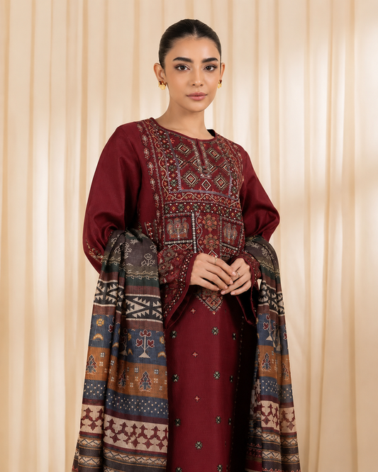 Embroidered Deep Maroon Dhanak 3-Piece Unstitched Suit