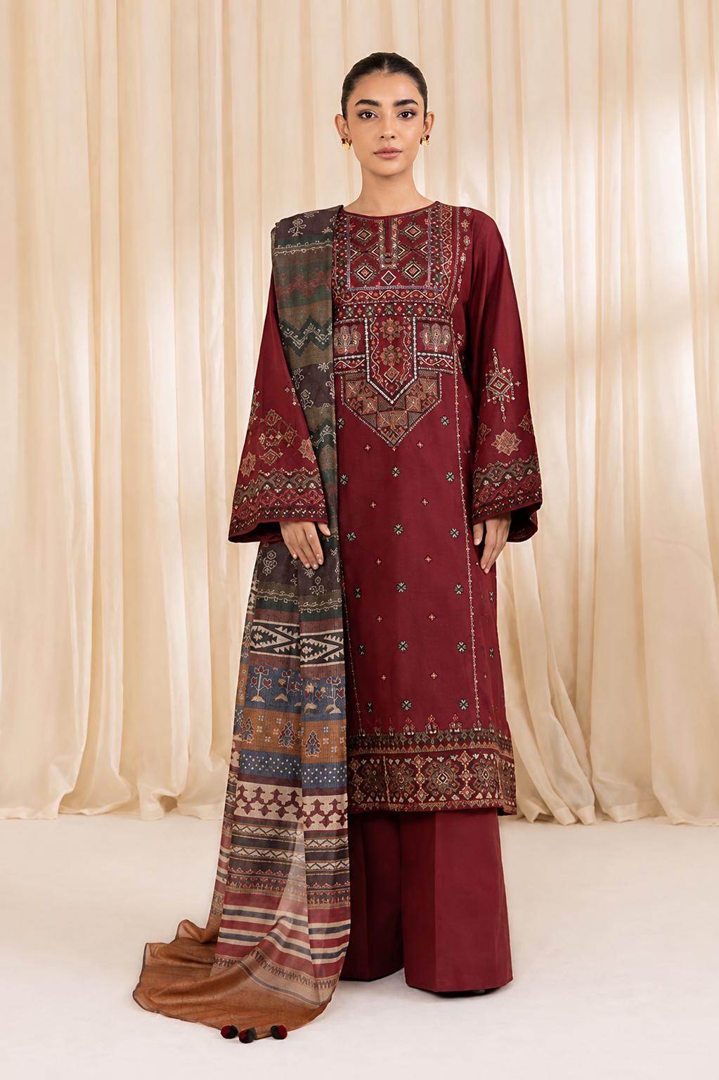 Embroidered Deep Maroon Dhanak 3-Piece Unstitched Suit