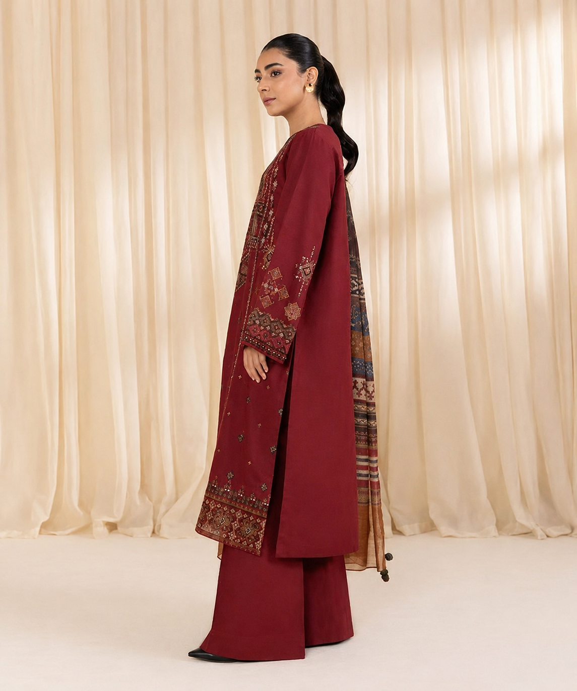 Embroidered Deep Maroon Dhanak 3-Piece Unstitched Suit