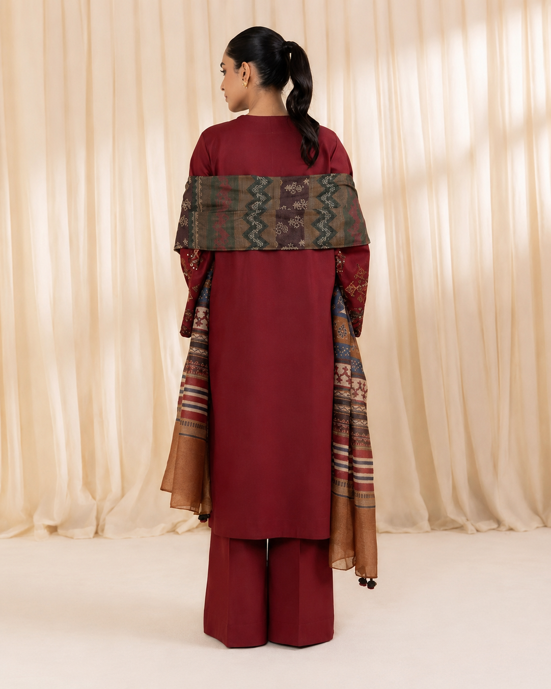 Embroidered Deep Maroon Dhanak 3-Piece Unstitched Suit