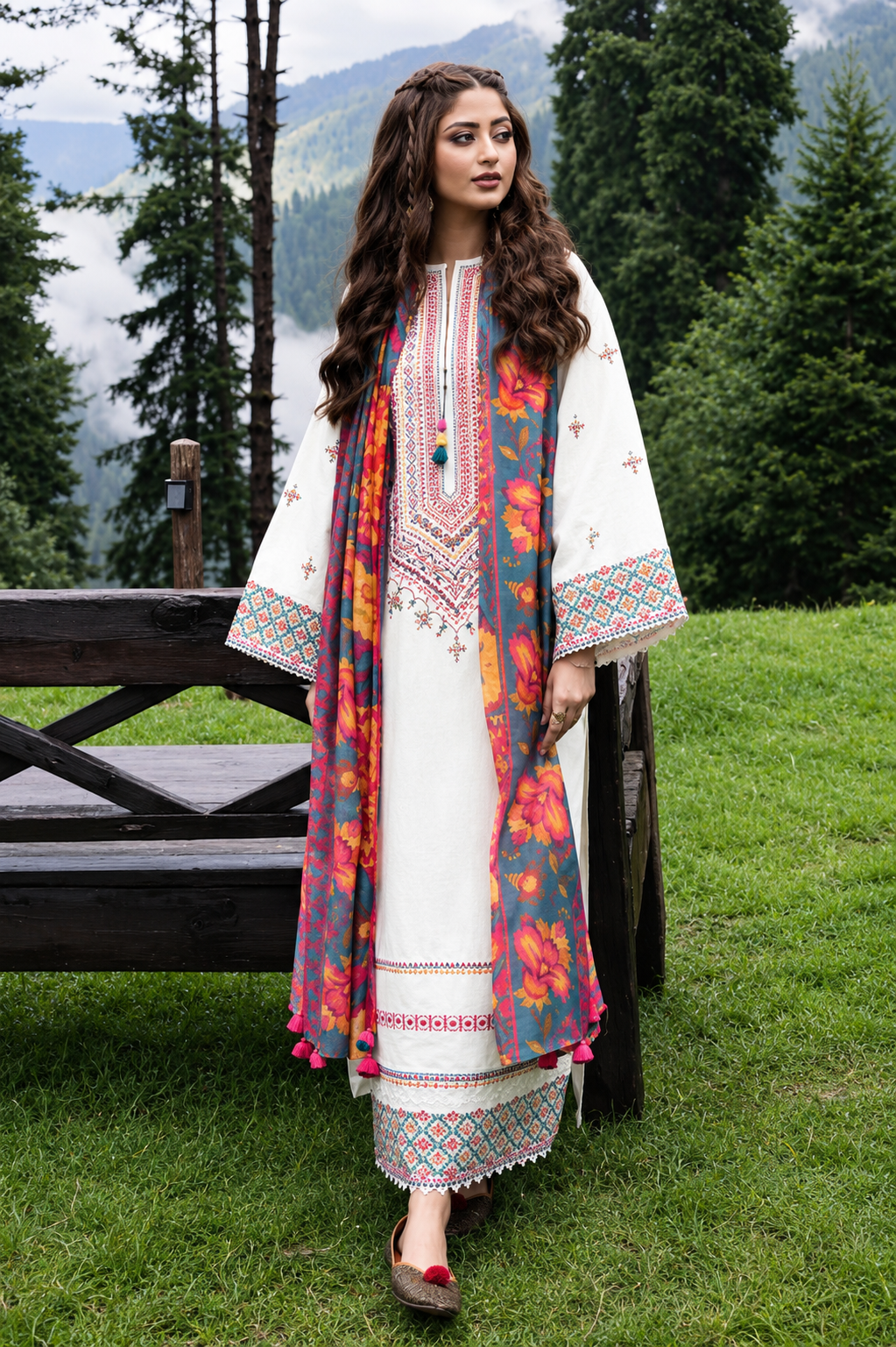 Embroidered Off-White 3-Piece Dhanak Suit