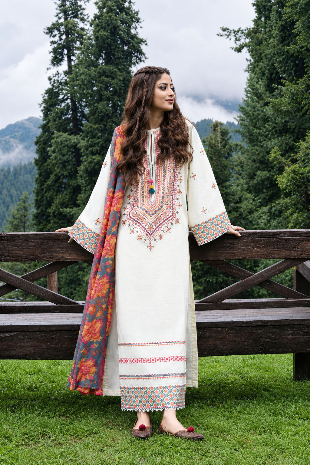 Embroidered Off-White 3-Piece Dhanak Suit