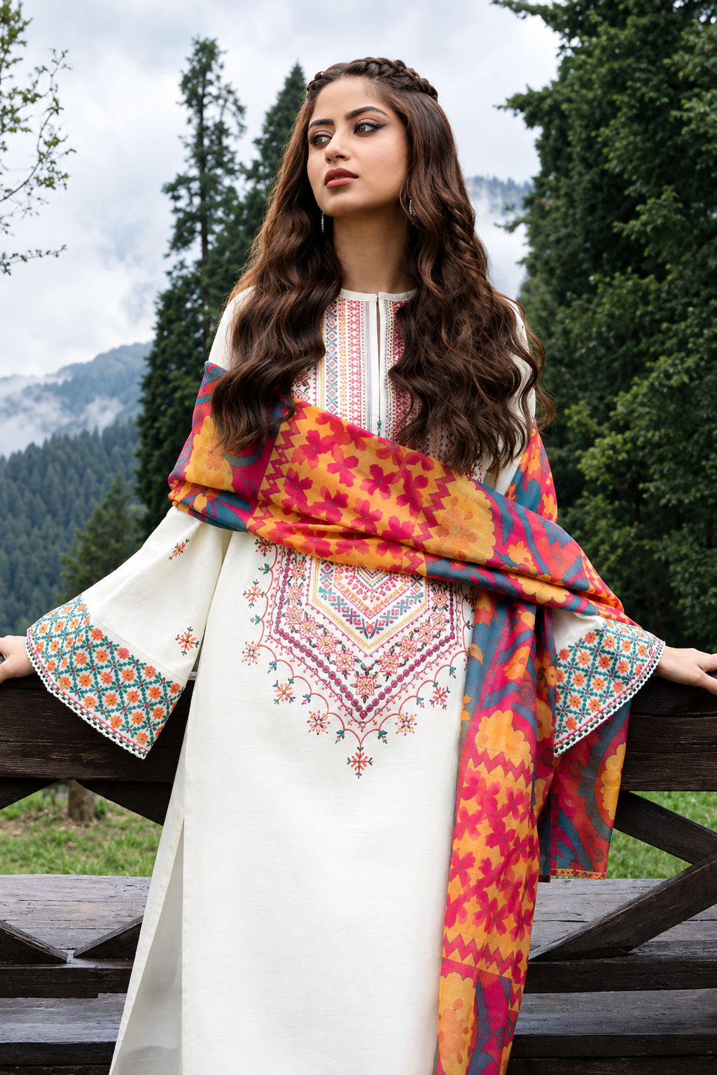Embroidered Off-White 3-Piece Dhanak Suit