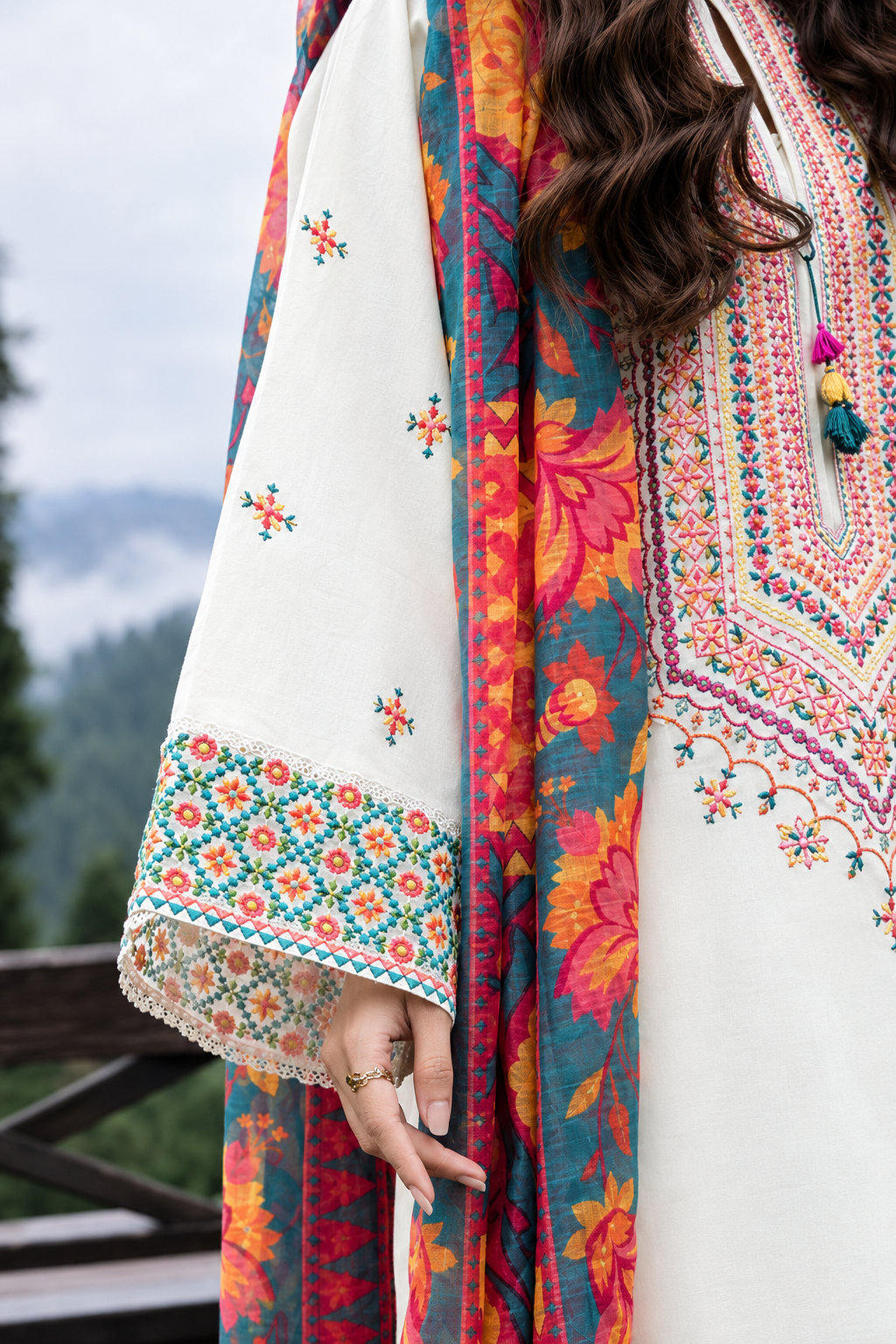 Embroidered Off-White 3-Piece Dhanak Suit