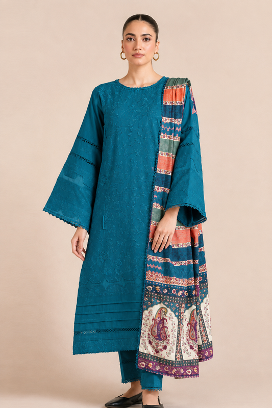 Embroidered Teal Dhanak 3-Piece Unstitched Suit
