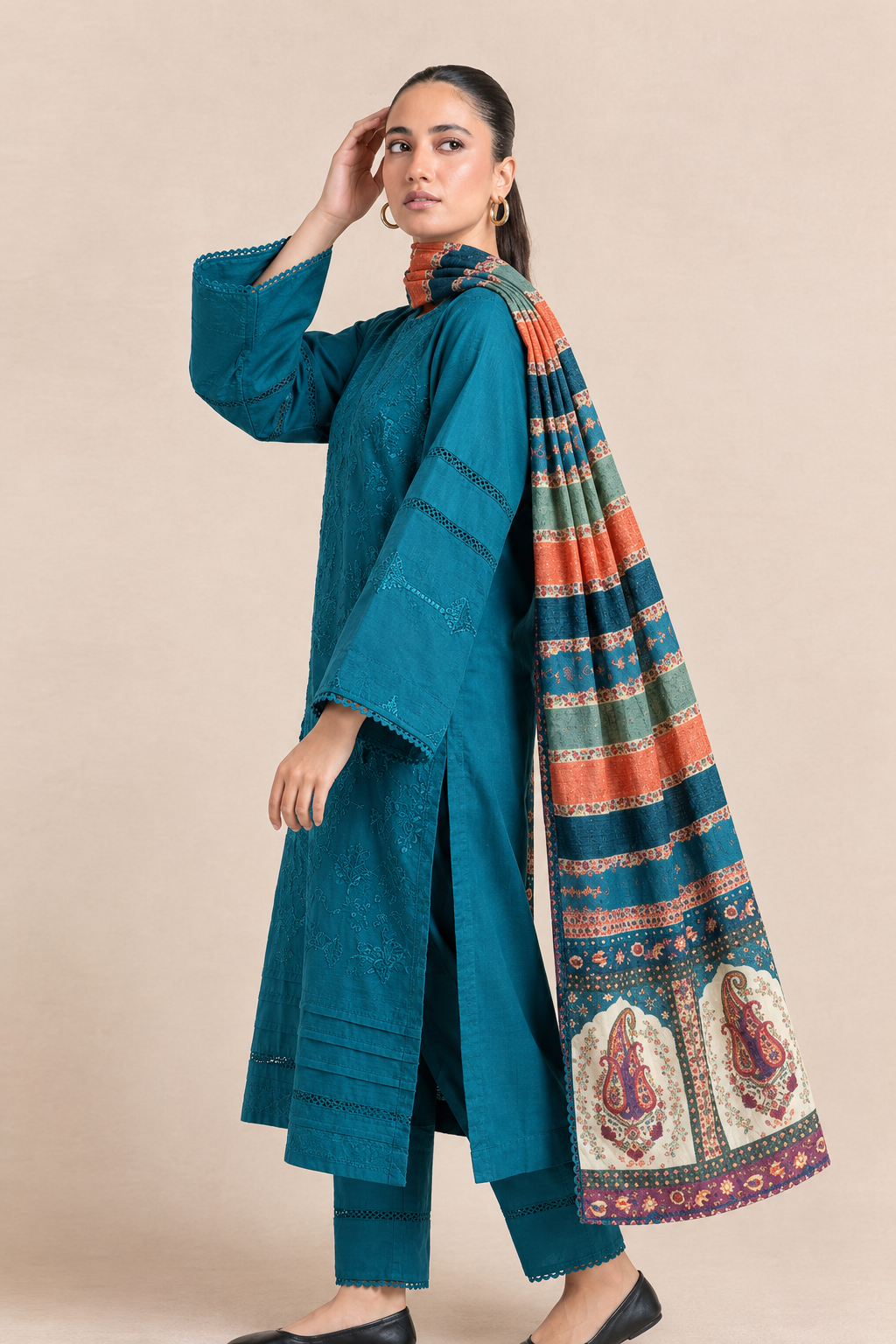 Embroidered Teal Dhanak 3-Piece Unstitched Suit